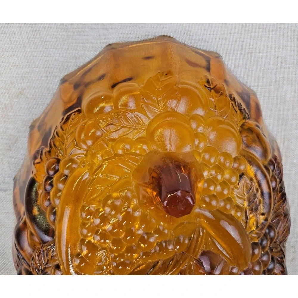 Vintage Amber Indian Glass Fruit Bowl Footed Oval Scalloped Rim Embossed Fruit